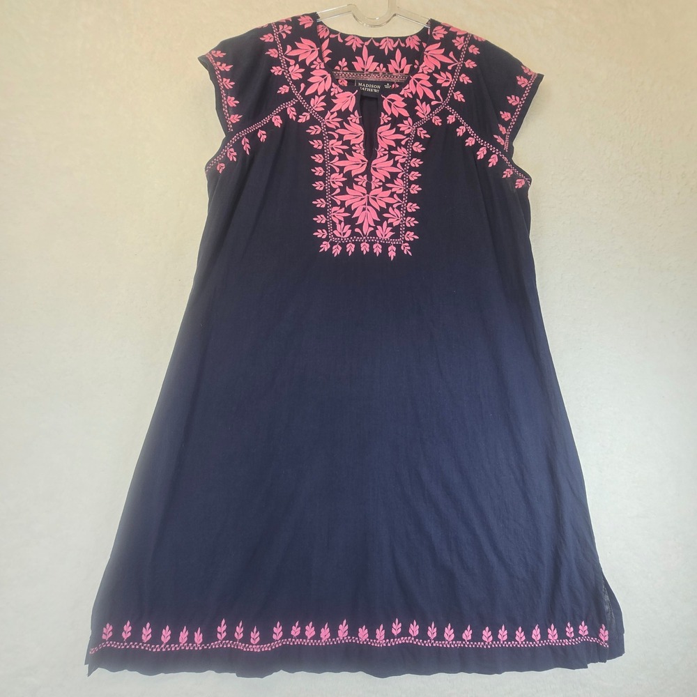 Madison Mathews Embroidered Boho Tunic Shift Dress Navy Cotton Lightweight Small